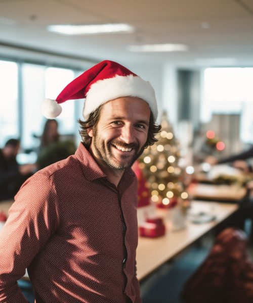 cheerful businessman donning a Santas hat stands proudly amidst the office joining in the festivities and spreading holiday cheer as he celebrates Christmas with his colleagues